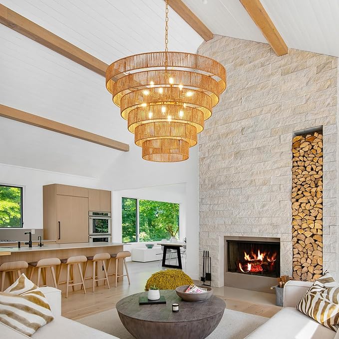 31.49" Large Rattan Chandelier Vintage Farmhouse 12-Lights Boho Hand-Woven Bamboo Chandeliers Light Fixture Rustic Wicker Rattan Golden Chandelier for Dining Room, Kitchen, Living Room, E12