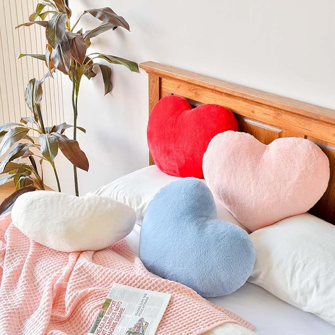 Red Heart Pillows, Cute Heart Decorative Pillow, Heart Shaped Throw Pillows for Bed, Faux Rabbit Fur Plush Hoom Decor Pillow Cushion for Chair Sofa Living Room (Mini 12.9" x 9.8")