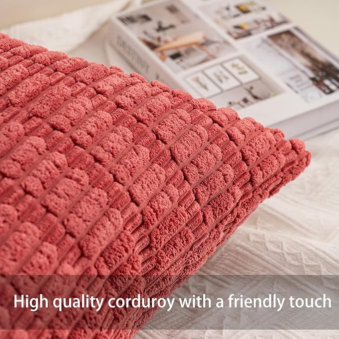 Pack of 2 Corduroy Decorative Throw Pillow Covers 24x24 Inch Soft Striped Pillow Covers Modern Farmhouse Home Decor for Sofa Living Room Couch Bed（Rose Red）