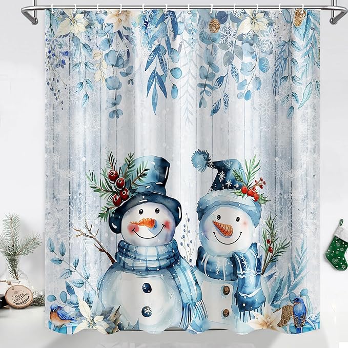 Blue Christmas Snowman Shower Curtain, Cute Winter Snowflake Snowman Poinsettia Floral Eucalyptus Leaves Decoration Xmas Shower Curtain for Bathroom, Fabric Holiday Bath Curtain Set with Hooks 72X72