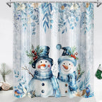 Blue Christmas Snowman Shower Curtain, Cute Winter Snowflake Snowman Poinsettia Floral Eucalyptus Leaves Decoration Xmas Shower Curtain for Bathroom, Fabric Holiday Bath Curtain Set with Hooks 72X72