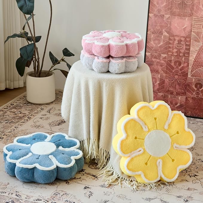 Flower Shaped Decorative Throw Pillow Cushion for Bed Couch, Cute Flower Plush Throw Pillows Home Decor Floor Pillow Seating Cushions (Grey Blue, 17.7 Inches)