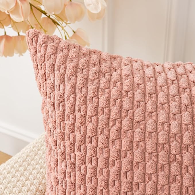 Kevin Textile Throw Pillow Covers Soft Corduroy Decorative Set of 2 Valentines Day Boho Striped Pillow Covers Pillowcases Farmhouse Home Decor for Couch Bed Sofa Living Room 20x20 Inch Baby Pink