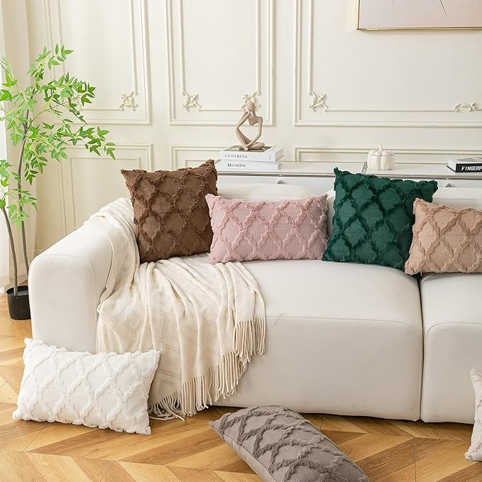 Set of 2 Soft Moroccan Throw Pillow Covers 16x16 Inch Plush Boho Decorative Pillow Cover Accent Cushion Case for Couch Sofa Bed, Cream White