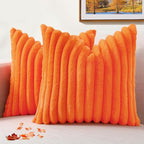 decorUhome Faux Fur Fall Throw Pillow Covers 26x26 Set of 2, Decorative Soft Plush Striped Neutral Couch Euro Pillow Covers with Velvet Back for Sofa, Bed, Living Room Home Decor, Orange