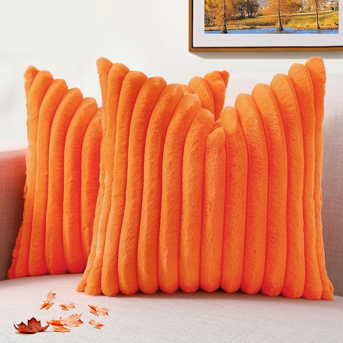 decorUhome Faux Fur Fall Throw Pillow Covers 26x26 Set of 2, Decorative Soft Plush Striped Neutral Couch Euro Pillow Covers with Velvet Back for Sofa, Bed, Living Room Home Decor, Orange