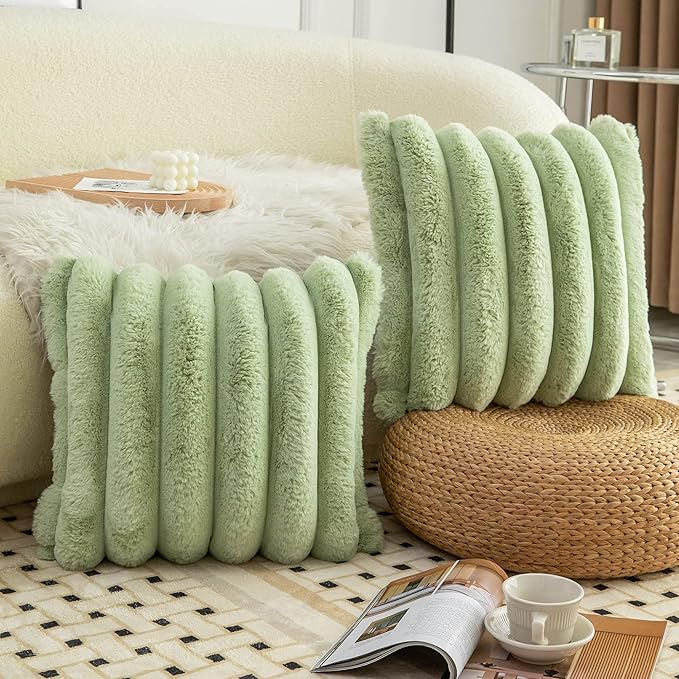 Neelvin Green Faux Fur Cozy Soft Striped Decorative Throw Pillow Covers 12x20 inch Set of 2,Velvet Pillowcase Cushion Case for Sofa Couch