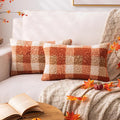 Orange Plaid Fall Throw Pillow Covers 12x20 Inch Set of 2, Boucle Decorative Pillow Covers,Cozy Fluffy Home Living Room Farmhouse Decor for Sofa Couch Bed