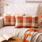 Orange Plaid Fall Throw Pillow Covers 12x20 Inch Set of 2, Boucle Decorative Pillow Covers,Cozy Fluffy Home Living Room Farmhouse Decor for Sofa Couch Bed