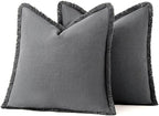 MIULEE Decorative Throw Pillow Covers Neutral Linen Fringe Throw Pillows Euro Shams Set of 2 Dark Grey Boho Farmhouse Cushion Covers for Couch Sofa Bed Living Room Spring Home Decor 24x24 Inch