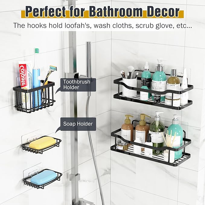 OMAIRA 5-Pack Shower Caddy with Soap Holder, Adhesive Rustproof No-drill Strudy Loading Inside Shower Organizer Shelves Rack Storage Bathroom Organization for Smooth Wall Glass Tile, Black (X-Large)