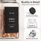 Square Spice Jars with Black Bamboo Wooden Lid (Pack of 24) Spice Jars with Shaker Insert and 240 Labels - Bamboo Lid Glass Container for Spice Organisation [4.3 in × 1.8 in]