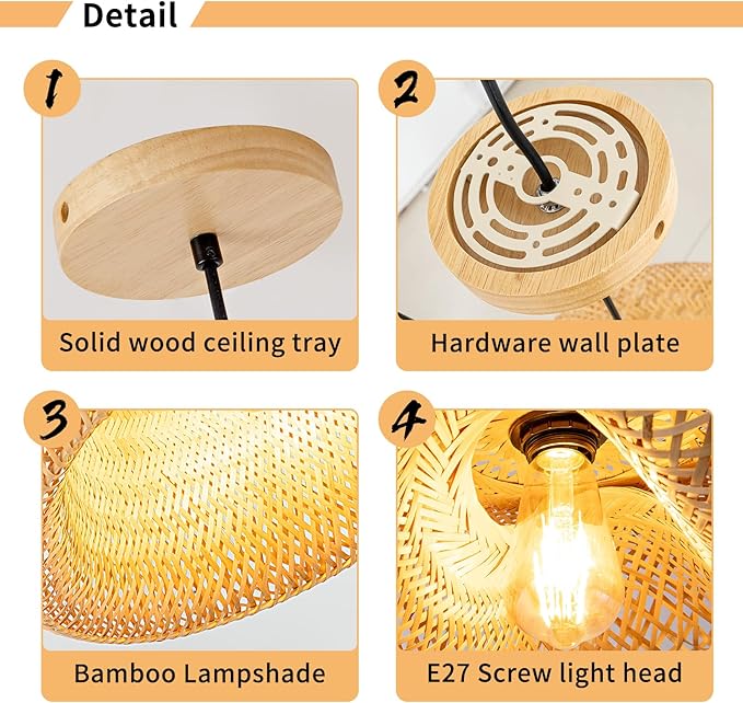 Bamboo Pendant Light, 11.8inch Hand-Woven Natural Wicker Rattan Bamboo Lamp, Beige Boho Hanging Chandelier, Rustic Island Dining Ceiling Light for Living Room, Kitchen, Farmhouse, Bedroom