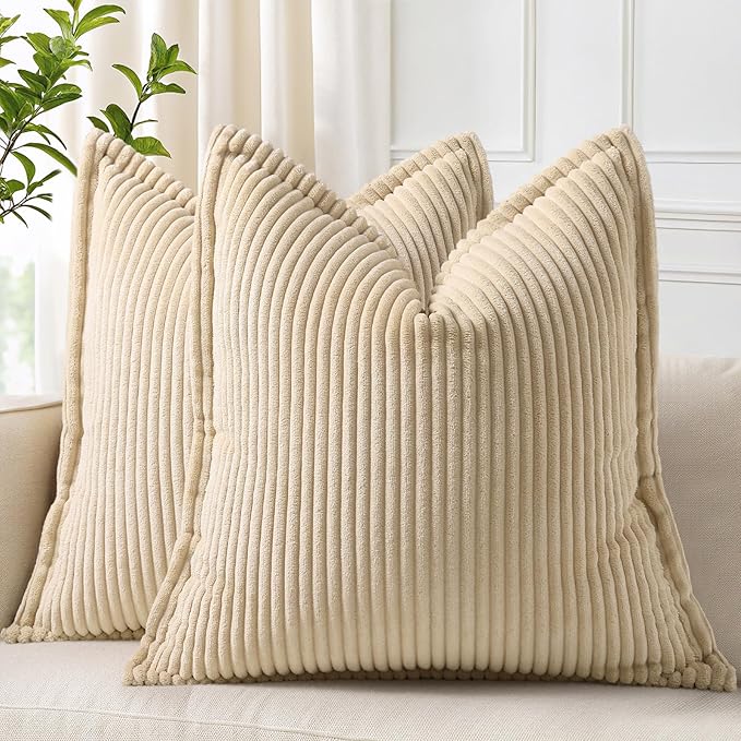 decorUhome Corduroy Beige Throw Pillow Covers 20x20 Set of 2 Decorative Soft Boho Farmhouse Euro Couch Pillow Covers for Living Room Bed Sofa Broadside Striped Pillow Cases