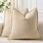 decorUhome Corduroy Beige Throw Pillow Covers 20x20 Set of 2 Decorative Soft Boho Farmhouse Euro Couch Pillow Covers for Living Room Bed Sofa Broadside Striped Pillow Cases