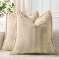 decorUhome Corduroy Beige Throw Pillow Covers 24x24 Set of 2 Decorative Soft Boho Farmhouse Euro Couch Pillow Covers for Living Room Bed Sofa Broadside Striped Pillow Cases