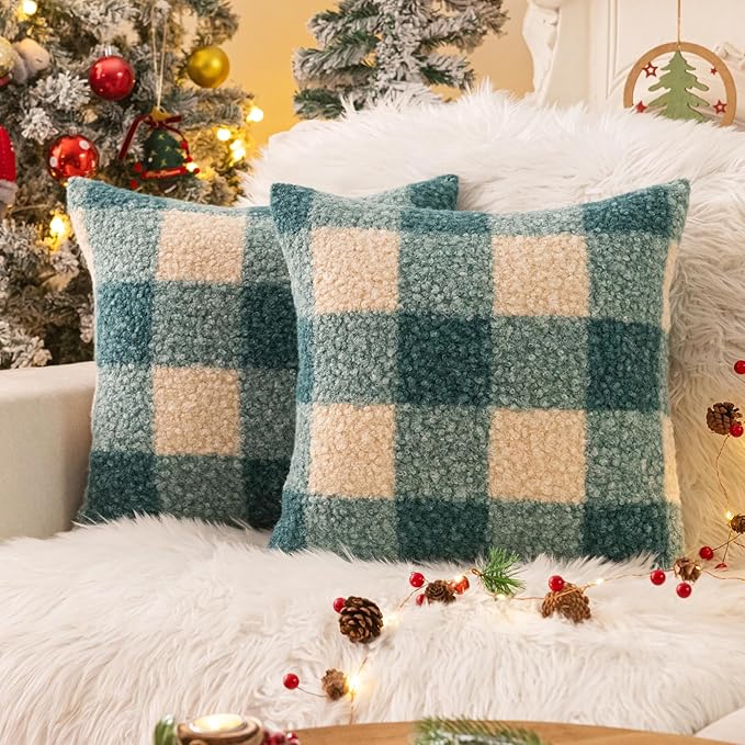 AQOTHES Green White Plaid Winter Throw Pillow Covers 18x18 Inch Set of 2, Boucle Faux Fur Pillow Covers,Cozy Fluffy Home Living Room Farmhouse Decor for Sofa Couch Bed