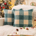 AQOTHES Green White Plaid Winter Throw Pillow Covers 18x18 Inch Set of 2, Boucle Faux Fur Pillow Covers,Cozy Fluffy Home Living Room Farmhouse Decor for Sofa Couch Bed