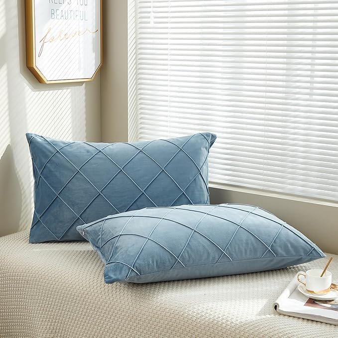 JAUXIO Diamond Pinch Pleated Crystal Velvet Pillowcases 2 Pack Solid Pintuck Throw Cushion Cover for Home Decor Hidden Zipper Closure (Dusty Blue, Standard)