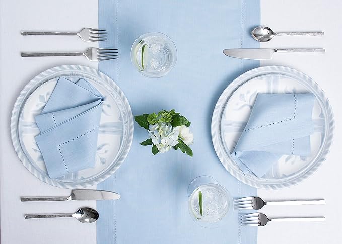 Solino Home Linen Sky Blue Table Runner 132 Inches Long - 100% Pure Linen Extra Long Table Runner 14 x 132 Inch for Christmas - Classic Hemstitch