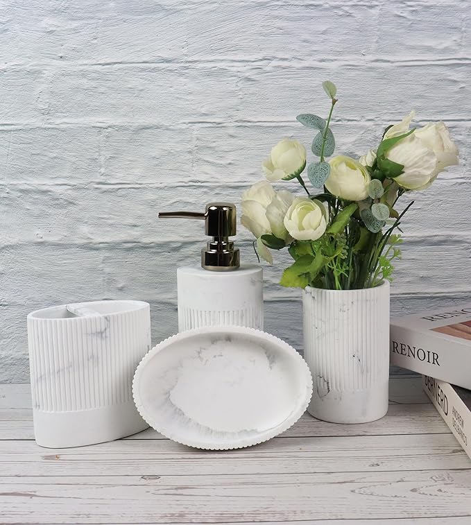 Hymmah Marble Bathroom Accessories Set,Farmhouse Bathroom Decor,4 Pcs Resin Gift Set Apartment Necessities, Contain Cotton Swab Jar,Soap Dispenser,Tumbler，Soap Dish/Tray