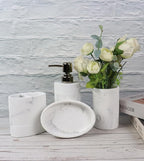 Hymmah Marble Bathroom Accessories Set,Farmhouse Bathroom Decor,4 Pcs Resin Gift Set Apartment Necessities, Contain Cotton Swab Jar,Soap Dispenser,Tumbler，Soap Dish/Tray