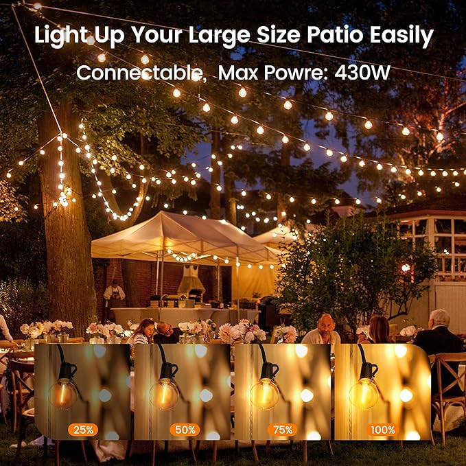 OHLUX Outdoor String Lights, 27 FT G40 Globe LED Patio Lights with 13 Dimmable Plastic Bulbs(1 Spare), 2200K Waterproof Connectable Hanging for Backyard Porch Cafe Party Decor, E12 Socket Base