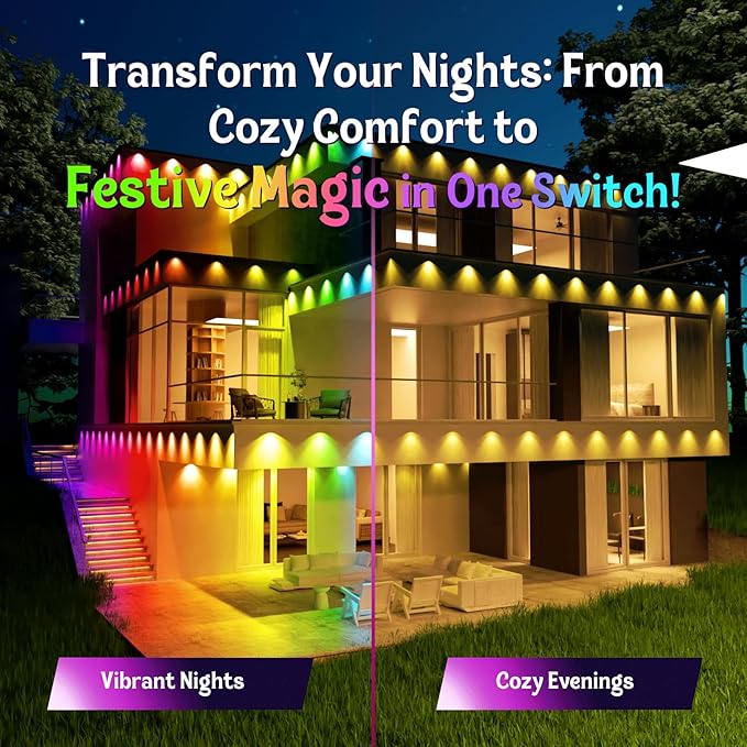 HUTAKUZE Permanent Outdoor Lights, 200ft RGB Outdoor Christmas Lights with 120 LED Light, IP67 Waterproof LED Eaves Light, DIY Scene Modes for Halloween and Party Decor, Smart APP & Remote Control