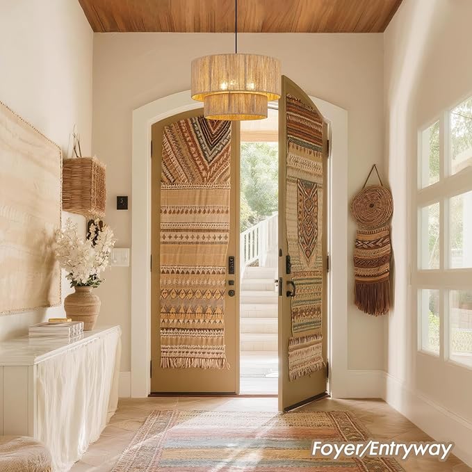 18 Inch Large Rattan Woven Pendant Light, Boho Farmhouse Hanging Chandelier Lamp Fixture, Natural Wicker Jute Lighting for Dining Room, Kitchen Island, Living Room, Table, Entryway, Foyer