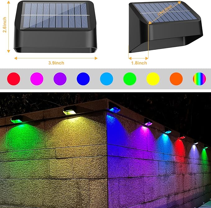 Brighter Solar Fence Lights,Solar Lights Outdoor Waterproof,Warm White and RGB 8 Colors,Dusk to Dawn Deck Light, Outdoor Lighting for Backyard/Railing/Wall/Step/Patio（12 Pack,Black）