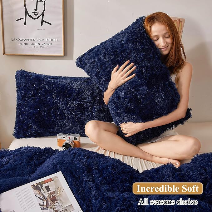 XeGe Faux Fur Throw Pillow Covers, Shaggy Fluffy Cushion Covers, Plush Furry Pillow Cases, Fuzzy Decorative Pillow Shams with Zipper Set of 2 for Sofa Bed Couch Living Room (18''x18'', Navy Blue)