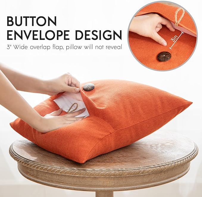 Phantoscope Pack of 2 Farmhouse Throw Pillow Covers Premium Coconut Button Vintage Linen Solid Decorative Pillow Cover for Couch Bed and Chair Orange 18 x 18 inches 45 x 45 cm