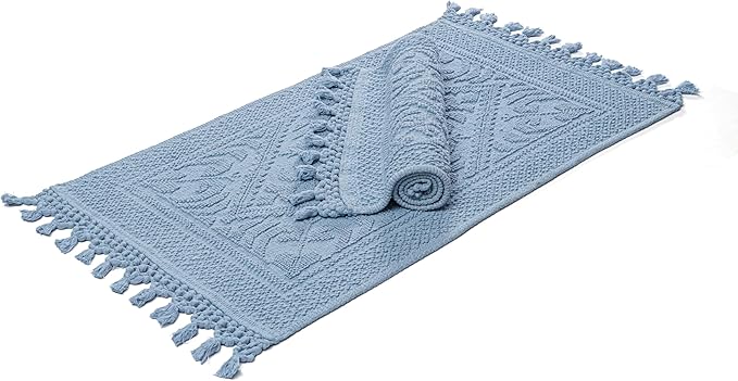 Savi Home Cotton Woven Jacquard Bathroom Rug Set of 2, Woven Fringe Bathroom Mats, 100% Cotton, Non - Slip Bath Mat, Durable Thick Bath Mat 17”x30”& 20"x38" with Fringes, Sky Blue