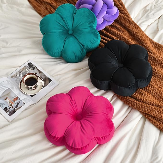 Xuyier Flower Pillow, Flower Shaped Throw Pillows with Velvet for Couch Bed Sofa Chair, Cute Home Decor Floor Seating Cushion Pillows for Living Room Bedroom(15 Inches, Black)