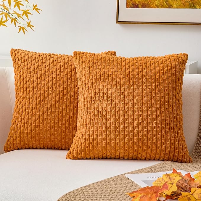 Kevin Textile Fall Throw Pillow Covers Soft Corduroy Decorative Set of 2 Boho Striped Pillow Covers Pillowcases Farmhouse Home Decor for Couch Bed Sofa Living Room 26x26 Inch Orange Yellow