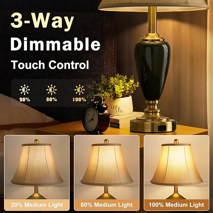 24" Ceramic Table Lamp with 3 Way Dimmable Touch Lamps - 2 USB Ports & AC Outlet Bedside Lamps, Modern Nightstand Lamp for Bedroom Living Room Office (Bulb Included)