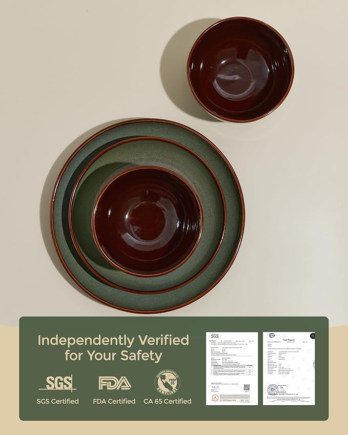32 Piece Double Bowl Dinnerware Sets with Pasta Bowls, Highly Chip and Crack Resistant Plates and Bowls Sets, Natural Earthyware Ceramic Dishware Sets, Service for 8 Sage Green