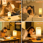 hansang Bedside Lamp, Touch Lamp with 3 Way Dimmable 2700K LED Bulb Touch Control USBA USBC Charging Port Black Base Linen Fabric Shade, Lamps for Bedroom Reading Room, 2 Pack