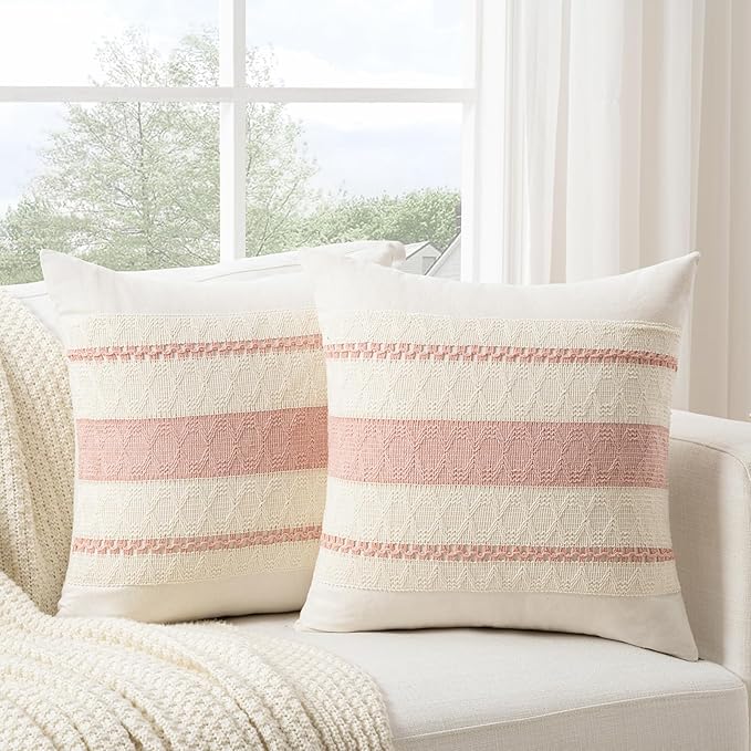 Fancy Homi Set of 2 Boho Pink Decorative Throw Pillow Cover 20x20 Inch for Couch Bed Sofa, Aesthetic Modern Organic Farmhouse Home Decor, Soft Cotton Cute Accent Macrame Woven Cushion Case