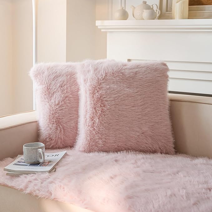 Neelvin Pink Faux Fur Cozy Fluffy Double-Sided Decorative Throw Pillow Covers 20x20 inch Set of 2,Velvet Pillowcase Cushion Case for Sofa Couch