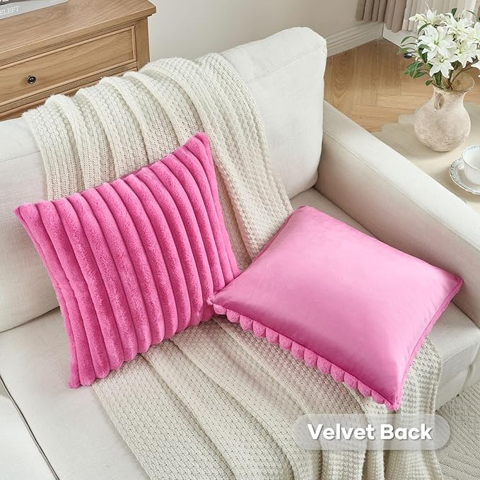 FUTEI Hot Pink Striped Decorative Throw Pillow Covers 16x16 Inch Set of 2,Square Winter Decorations Couch Pillow Case,Soft Cozy Faux Rabbit Fur & Velvet Back,Modern Home Decor for Bed