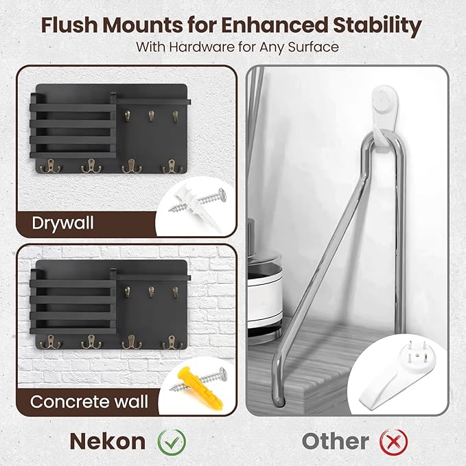 Nekon Mail Holder for Wall Mail Organizer with Key Hooks Hallway Farmhouse Decor Letter Sorter Made of Natural Wood with Floating Shelf and Flush Mount Hardware (16.8Inch x 10Inch x 3.2Inch)