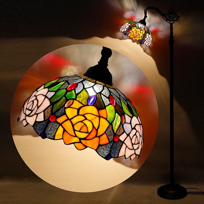 Tiffany Floor Lamp Stained Glass Orange Red Rose Flower Style Arched Reading Light Gooseneck Adjustable Corner Standing Lamp 12X16X66 Inch for Bedroom Living Room Home Office