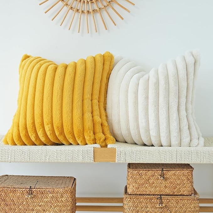 JOJUSIS Pack of 2 Faux Fur Plush Decorative Throw Pillow Covers Couch Cushion Case Soft Pillowcases (Mustard Yellow, 24 x 24-Inch)