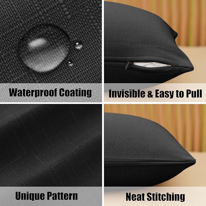 NiNi ALL Pack of 2 Decorative Outdoor Waterproof Pillow Covers Square Garden Linen Textured Cushion Sham Throw Pillowcase Set of 2 for Patio Farmhouse Garden Tent Couch 18x18 Inch Black