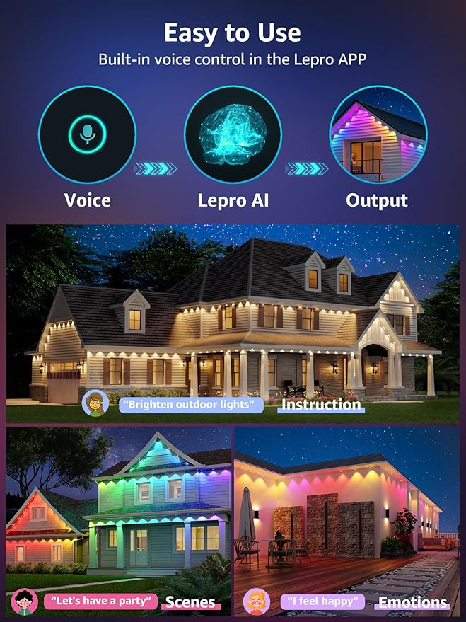Lepro E1 AI Permanent Outdoor Lights APP Control, 100ft 60 LED Smart RGB+IC+Warm/Cool White House Eave Light for Halloween Christmas, Alexa Google Enabled, 2.4 GHz WiFi/Bluetooth, NO Remote Controller