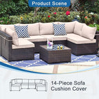 14 PCs Patio Cushion Covers for 7 PCs Outdoor Furniture Sectional Seating Sets Water Resistant Plus 2 Throw Pillows (Khaki, 24.8(L)*24.8(W)*3.14(T) inches)