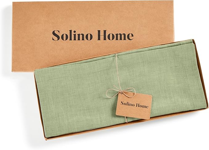 Solino Home Linen Small Table Runner 36 Inches - Athena, 100% Pure Linen Chambray Olive Table Runner 14 x 36 Inch Ideal for Dresser and Coffee Tables - Fall, Autumn, Halloween, Thanksgiving