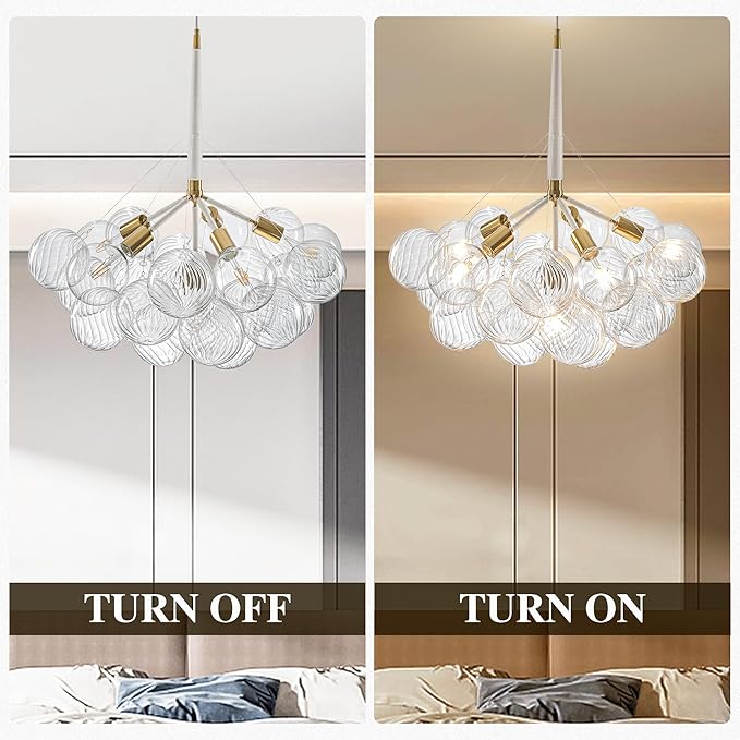 Longree Mid-Century Bubble Chandelier White and Gold 6 Lights Dia 24" Swirled Glass Chandeliers Pendant Light for Kitchen Island, Bedroom, Dining Room