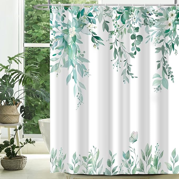 Eucalyptus Shower Curtain, Teal Watercolor Leaves with Floral Botanical Bathroom Decor, Waterproof Fabric Bath Curtain Set with Hooks, 72x84 Inches